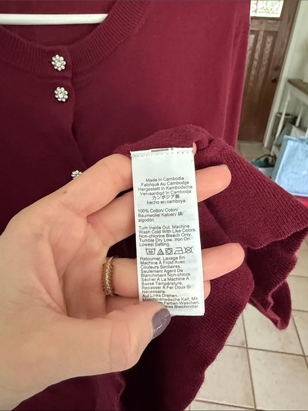 J. Crew Maroon Rhinestone Button Classic Long Sleeve Cardigan